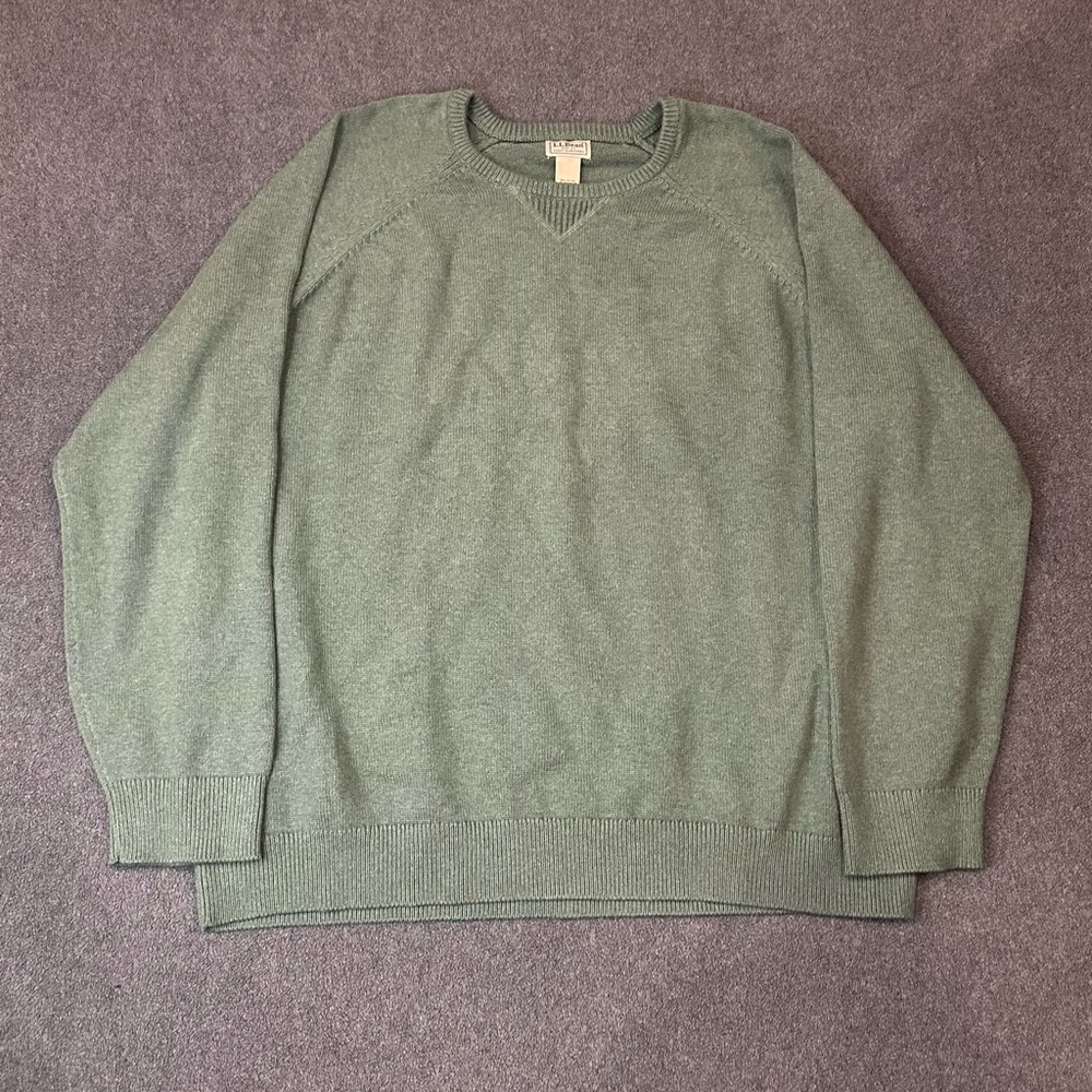 LL Bean Sweater Mens 3XL Green Cotton Cashmere Heavy Knit Crewneck